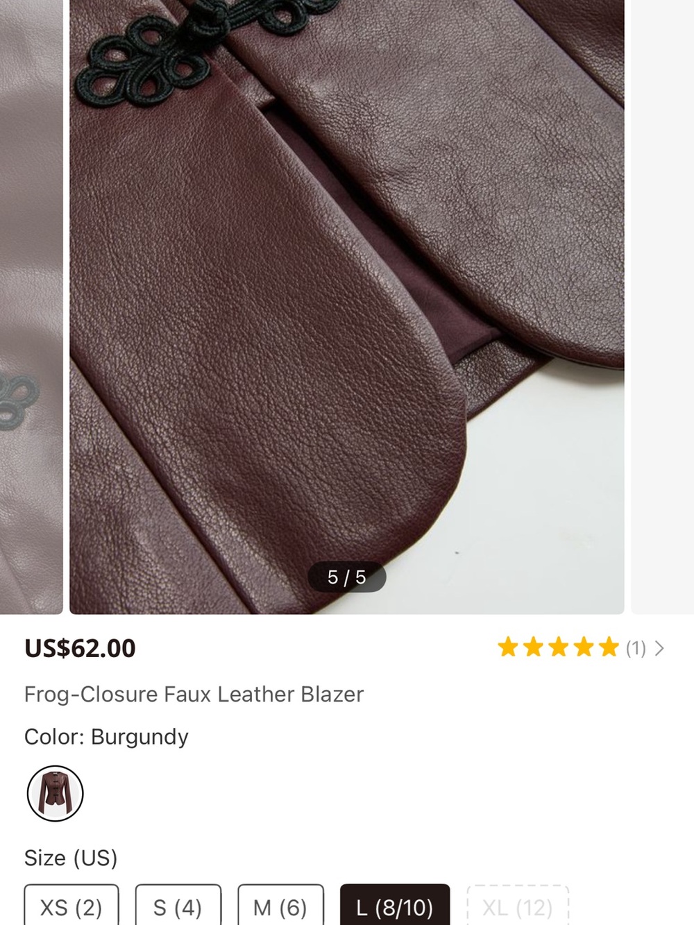 Commense Burgundy Faux Leather Blazer with Frog Closures - Picture 6 of 8